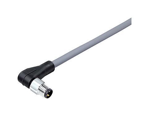 Illustration M8 Male angled connector, Contacts: 4, unshielded, moulded on the cable, IP67/IP69K, UL 2238, PVC, grey, 4 x 0.34 mm², stainless steel, 2 m