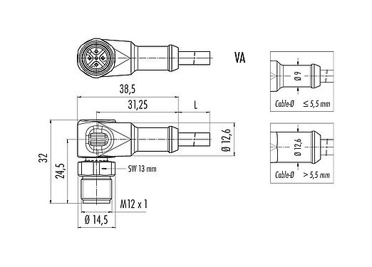 Scale drawing M12 Male angled connector, Contacts: 4, unshielded, moulded on the cable, IP67/IP69K, UL 2238, PUR, black, 4 x 0.34 mm², stainless steel, 5 m