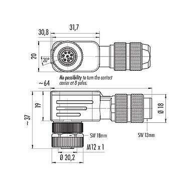 比例图 M12 弯角孔头电缆连接器, 极数: 8, 5.0-8.0mm, 可接屏蔽, 螺钉接线, IP67, UL 2238, 鸢尾花