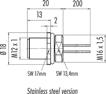 Scale drawing M12 Male panel mount connector, Contacts: 8, unshielded, single wires, IP68, UL 2238, M16x1.5, Front mounting, stainless steel, potted