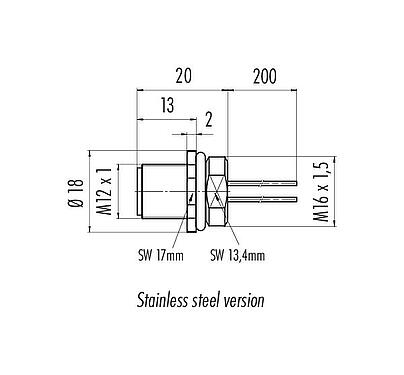Scale drawing M12 Male panel mount connector, Contacts: 12, unshielded, single wires, IP68, UL 2238, M16x1.5, Front mounting, stainless steel, potted