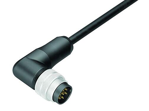 Illustration M16 Male angled connector, Contacts: 7 (07-a), unshielded, moulded on the cable, IP67, PUR, black, 7 x 0.25 mm², 2 m