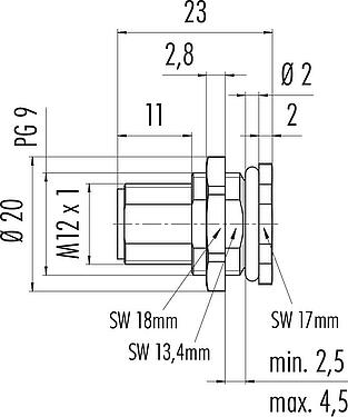 Scale drawing M12 Male panel mount connector, Contacts: 5, unshielded, solder, IP68, UL 2238, PG 9, Rear mounting