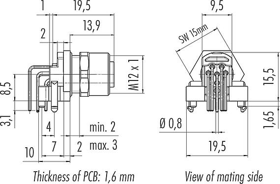 比例图 M12 孔头法兰座, 极数: 8, 可接屏蔽, THR, IP68, UL 2238, M12x1.0, 後壁安裝, 用于PCB组装