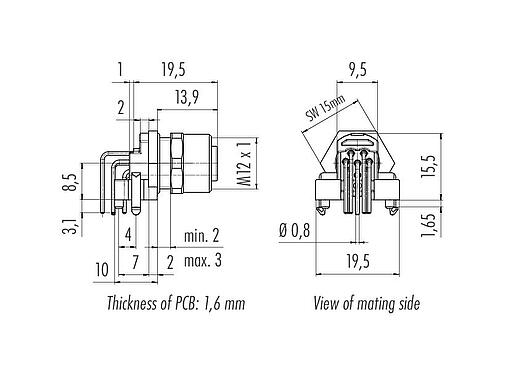 Scale drawing M12 Female angled panel mount connector, Contacts: 8, unshielded, THR, IP68, UL 2238, Front mounting, for PCB assembly