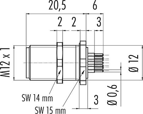 比例图 M12 针头法兰座, 极数: 12, 非屏蔽, THT, IP68, M12x1.0, 後壁安裝, 模压成型