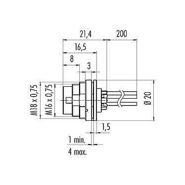 比例图 M16 针头法兰座, 极数: 4 (04-a), 非屏蔽, 带导线, IP40, M18x0,75, 後壁安裝