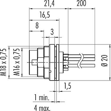 比例图 M16 针头法兰座, 极数: 4 (04-a), 非屏蔽, 带导线, IP40, M18x0,75, 後壁安裝