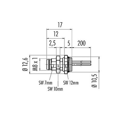 Scale drawing M8 Male panel mount connector, Contacts: 4, unshielded, single wires, IP67, UL 2238, M8x1.0, Rear mounting, potted
