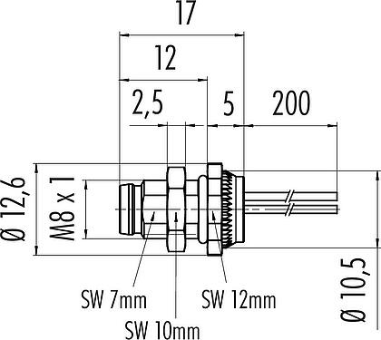 Scale drawing M8 Male panel mount connector, Contacts: 4, unshielded, single wires, IP67, UL 2238, M8x1.0, Rear mounting, potted