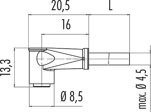 Scale drawing M8 Female angled connector, Contacts: 4, unshielded, moulded on the cable, IP65, PVC, black, 4 x 0.25 mm², Snap-in version, 2 m