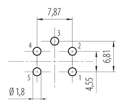 导体结构 7/8" 孔头法兰座, 极数: 4+PE, 非屏蔽, THT, IP68, UL 2238, VDE, 板前安装, 模压成型