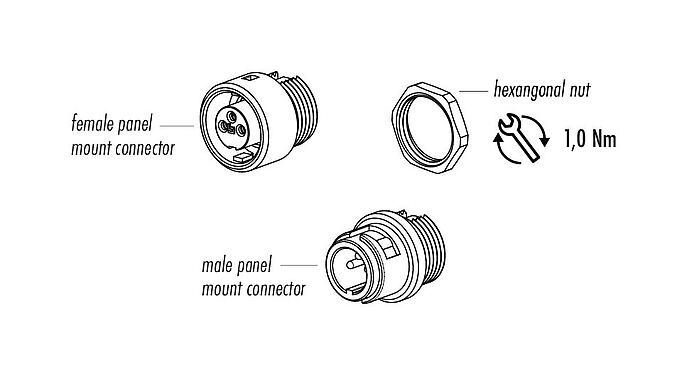 Component part drawing 09 0982 00 04 - Bayonet Female panel mount connector, Contacts: 4, unshielded, solder, IP40