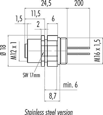 比例图 M12 孔头法兰座, 极数: 5, 非屏蔽, 带导线, IP68/IP69K, UL 2238, M16x1.5, 板前安装, 不锈钢, 位置可调, 模压成型