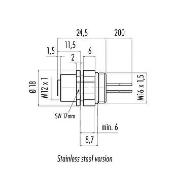 Scale drawing M12 Female panel mount connector, Contacts: 4, unshielded, single wires, IP68/IP69K, UL 2238, M16x1.5, Front mounting, stainless steel, positionable, potted