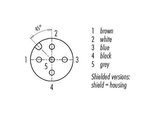 联系安排 (外掛程式側) M12 弯角孔头电缆连接器, 极数: 5, 屏蔽, 预铸电缆, IP67, UL 2238, PVC, 灰色, 5x0.25mm², 2m