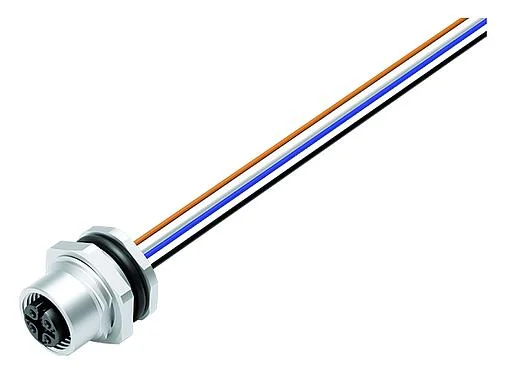 Illustration M12 Female panel mount connector, Contacts: 5, unshielded, single wires, IP68, UL 2238, M16x1.5, Rear mounting, stainless steel, potted