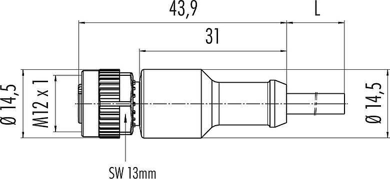 比例图 M12 直头孔头电缆连接器, 极数: 3, 非屏蔽, 预铸电缆, IP68/IP69K, UL 2238, PVC, 灰色, 3x0.34mm², 带LED的PNP, 2m