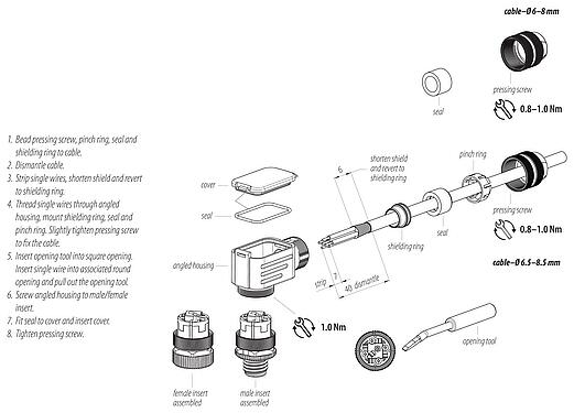 Assembly instructions M12 Male angled connector, Contacts: 5, 6.5-8.5 mm, shieldable, wire clamp, IP67, with shielding ring