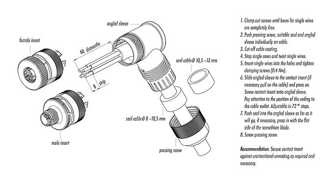 装配说明 99 0699 370 05 - M12 弯角针头电缆连接器, 极数: 4+PE, 8.0-13.0mm, 非屏蔽, 螺钉接线, IP67, UL 2237正在准备中, 带PE接口