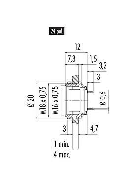 Scale drawing M16 Female panel mount connector, Contacts: 24, unshielded, THT, IP40, M18x0,75, Rear mounting