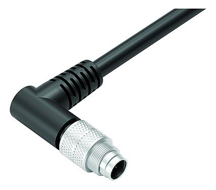Illustration M9 Male angled connector, Contacts: 7, shielded, moulded on the cable, IP67, PUR, black, 8 x 0.14 mm², 5 m