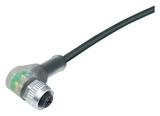 Illustration M12 Female angled connector, Contacts: 4, unshielded, moulded on the cable, IP68/IP69K, UL 2238, PUR, black, 4 x 0.34 mm², with LED PNP, 5 m