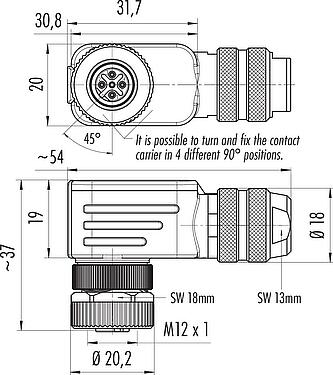 Scale drawing M12 Female angled connector, Contacts: 5, 6.5-8.5 mm, shieldable, screw clamp, IP67, UL 2238