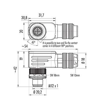 Scale drawing M12 Male angled connector, Contacts: 5, 6.5-8.5 mm, shieldable, screw clamp, IP67, UL 2238, with shielding ring