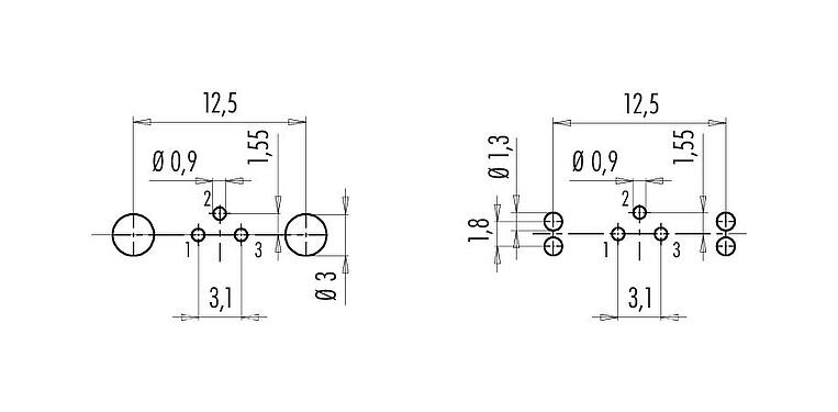 Conductor layout M9 Female panel mount connector, Contacts: 3, shieldable, THT, IP67, M12x0.5, Rear mounting, potted