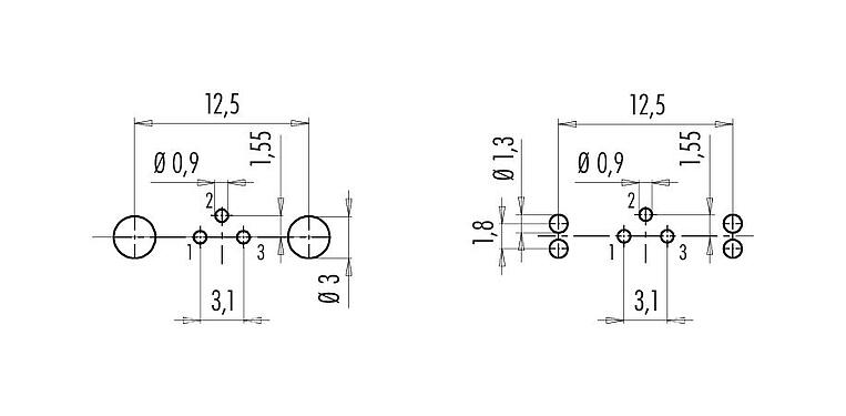 Conductor layout 09 0408 35 03 - M9 Female panel mount connector, Contacts: 3, shieldable, THT, IP67, front fastened