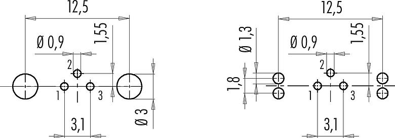 Conductor layout M9 Female panel mount connector, Contacts: 3, shieldable, THT, IP67, M12x0.5, Rear mounting, potted