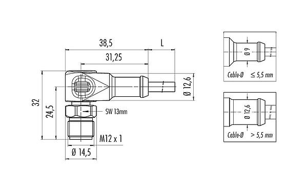 Scale drawing M12 Male angled connector, Contacts: 12, unshielded, moulded on the cable, IP67/IP69K, UL 2238, Ecolab, PVC, grey, 12 x 0.25 mm², stainless steel, 2 m