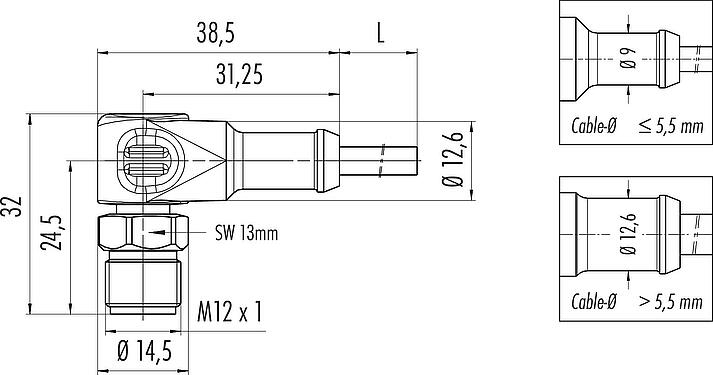Scale drawing M12 Male angled connector, Contacts: 8, unshielded, moulded on the cable, IP67/IP69K, UL 2238, Ecolab, PVC, grey, 8 x 0.25 mm², stainless steel, 2 m