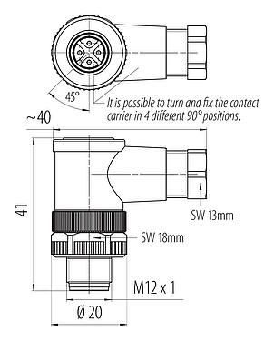 比例图 M12 弯角针头电缆连接器, 极数: 4, 4.0-6.0mm, 非屏蔽, 螺钉接线, IP67, UL 2238
