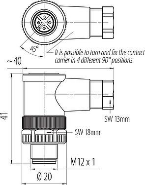 比例图 M12 弯角针头电缆连接器, 极数: 4, 4.0-6.0mm, 非屏蔽, 螺钉接线, IP67, UL 2238