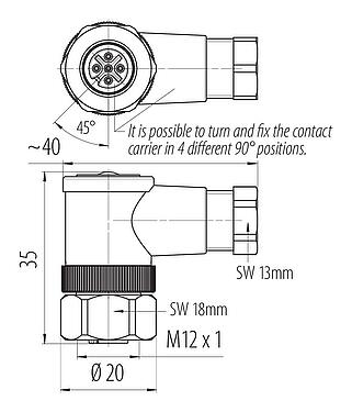 比例图 M12 弯角孔头电缆连接器, 极数: 5, 4.0-6.0mm, 非屏蔽, 螺钉接线, IP67, UL 2238