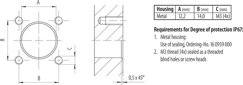 安装说明 M12 孔头方型法兰座, 极数: 4, 非屏蔽, 带导线, IP40, UL 2238, M3 (4x), 板前安装, 模压成型