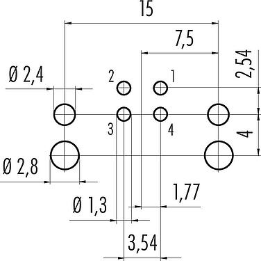 导体结构 M12 针头法兰座,弯角, 极数: 4, 非屏蔽, THR, IP68, UL 2238, 後壁安裝, 用于PCB组装, 可分离设计
