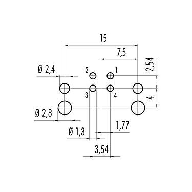 Conductor layout M12 Male angled panel mount connector, Contacts: 4, unshielded, THR, IP68, UL 2238, Rear mounting, for PCB assembly, two-part design