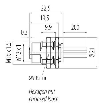 比例图 M12 孔头法兰座, 极数: 5, 非屏蔽, 带导线, IP68, UL 2238, M16x1.5, 後壁安裝