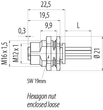 比例图 M12 孔头法兰座, 极数: 5, 非屏蔽, 带导线, IP68, UL 2238, M16x1.5, 後壁安裝