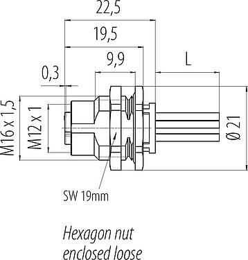 比例图 M12 孔头法兰座, 极数: 5, 非屏蔽, 带导线, IP68, UL 2238, M16x1.5, 後壁安裝