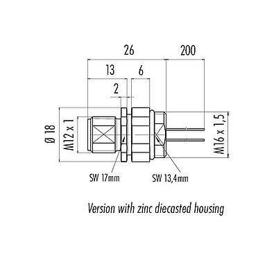 Scale drawing M12 Male panel mount connector, Contacts: 5, unshielded, single wires, IP68, UL 2238, M16x1.5, Front mounting, Positionable coding alignment
