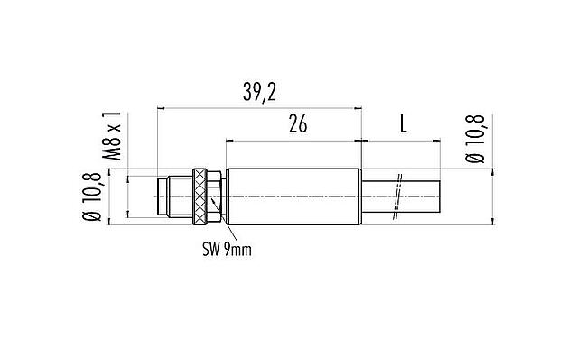Scale drawing M8 Male cable connector, Contacts: 6, shielded, moulded on the cable, IP67, UL 2238, PVC, grey, 6 x 0.25 mm², 5 m
