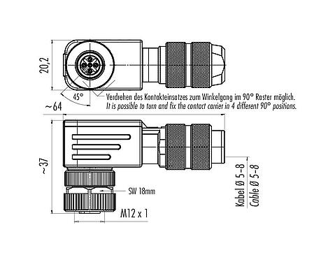 比例图 99 3728 820 04 - M12 弯角孔头电缆连接器, 极数: 4, 5.0-8.0mm, 可接屏蔽, 螺钉接线, IP67, UL