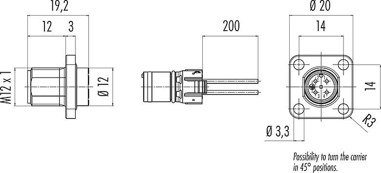比例图 M12 针头方型法兰座, 极数: 4, 非屏蔽, 带导线, IP69k, IP68, IP67, UL 2238, M3 (4x), 板前安装, 矩形外壳 20mm, 可定位的编码排列