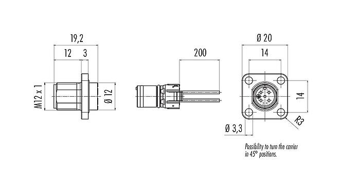 Scale drawing M12 Square male panel mount connector, Contacts: 8, unshielded, single wires, IP69k, IP68, IP67, UL 2238, M3 (4x), Front mounting, Square housing 20 mm, Positionable coding alignment
