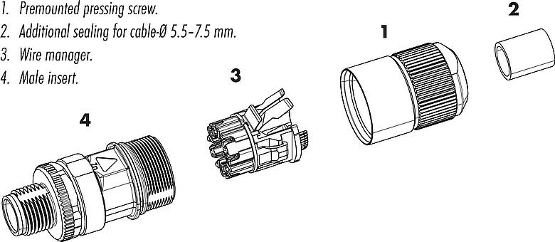 Component part drawing M12 Female cable connector, Contacts: 8, 5.5-9.0 mm, shieldable, IDC, IP67