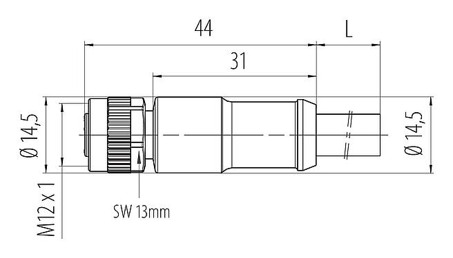 Scale drawing 77 0690 0000 50704-0500 - M12 Female cable connector, Contacts: 3+PE, unshielded, moulded on the cable, IP68, PUR, black, 4 x 1.50 mm², 5 m